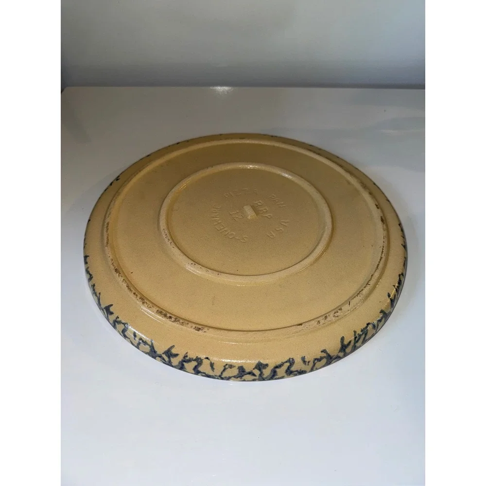 Vintage RRP USA Stoneware Pizza Pan 12 Blue Sponge Tan Yellowware Baking Stone